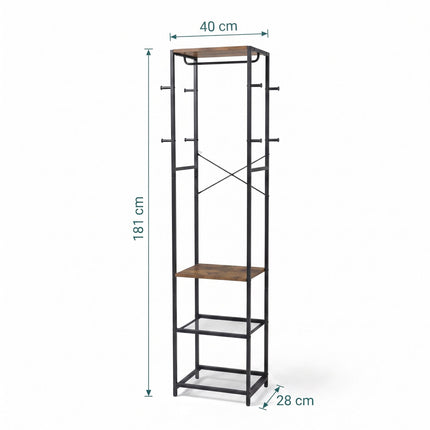 Brown Coat Rack with Hooks, Shelves & Rail