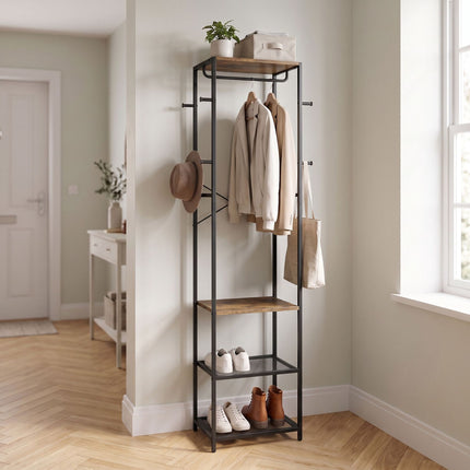 Brown Coat Rack with Hooks, Shelves & Rail