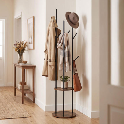 Brown Tree-Shaped Coat Rack with 8 Hooks and 2 Shelves