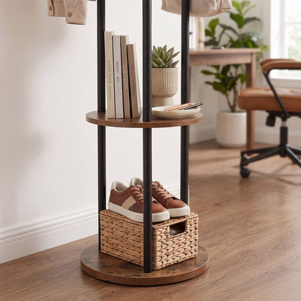 Brown Tree-Shaped Coat Rack with 8 Hooks and 2 Shelves