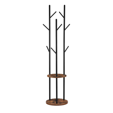 Brown Tree-Shaped Coat Rack with 8 Hooks and 2 Shelves