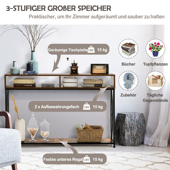 Brauner Konsolentisch mit offenem Regal und Stahlrahmen 120 x 23 x 79 cm
