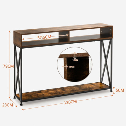 Console marron avec étagère ouverte et structure en acier 120 x 23 x 79 cm