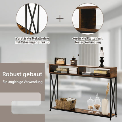 Console marron avec étagère ouverte et structure en acier 120 x 23 x 79 cm
