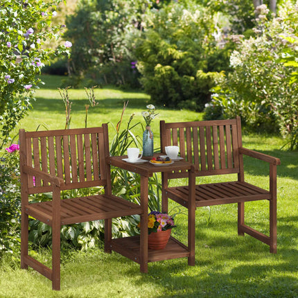 Brown garden bench with table