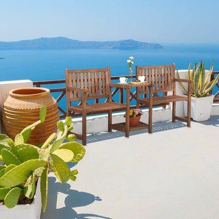 Brown garden bench with table