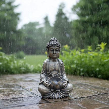 Buddha Statue 30cm with Lotus, Weatherproof Polyresin