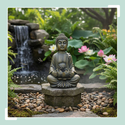 Buddha Statue 30cm with Lotus, Weatherproof Polyresin