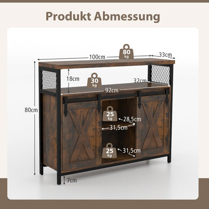 Buffetschrank mit 3-stufigen verstellbaren Regalen &amp; Schiebetüren &amp; offenen Fächern im Landhausstil