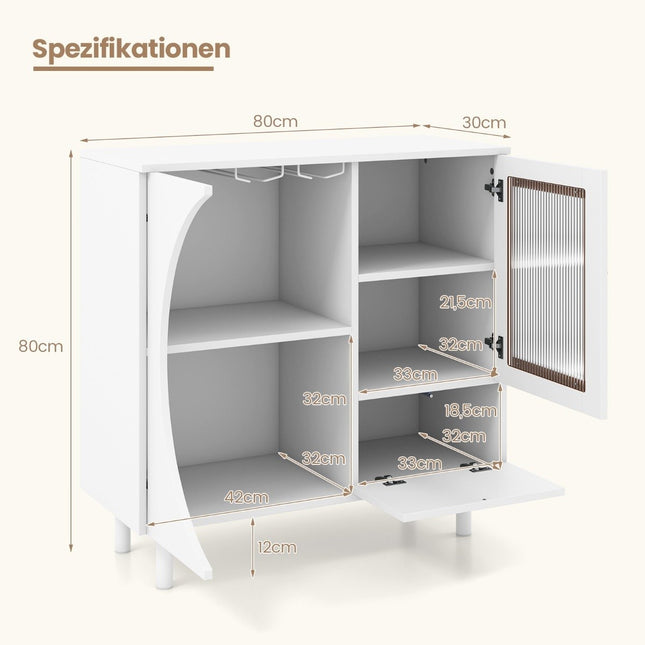 Buffetschrank mit Glastür &amp; offenem Regal &amp; Metallbeinen Sideboard 80 x 30 x 80 cm weiß