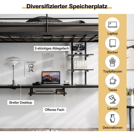 Etagenbett Bettgestell Hochbett aus Metall mit Schreibtisch Leitern und Geländer schwarz