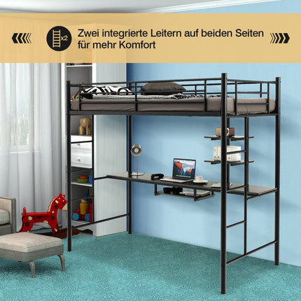 Etagenbett Bettgestell Hochbett aus Metall mit Schreibtisch Leitern und Geländer schwarz