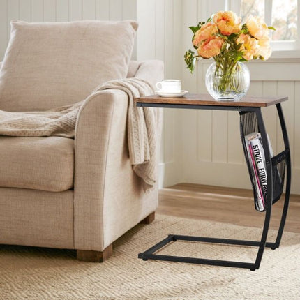 C-Shaped End Table With Side Pocket, Steel Frame