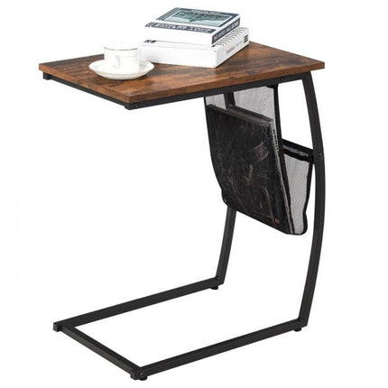 C-Shaped End Table With Side Pocket, Steel Frame
