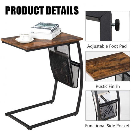 C-Shaped End Table With Side Pocket, Steel Frame