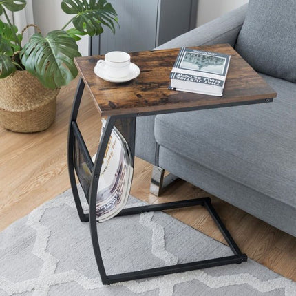 C-Shaped End Table With Side Pocket, Steel Frame