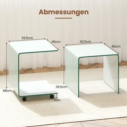 C-förmiger Glas-Beistelltisch mit Rollen – Weiß, 12mm Glas