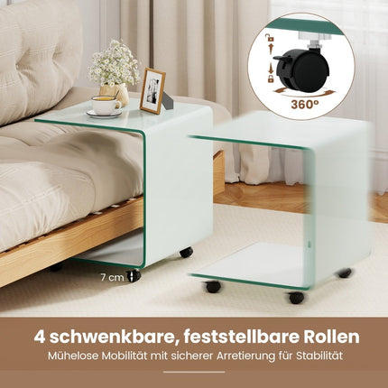 C-förmiger Glas-Beistelltisch mit Rollen – Weiß, 12mm Glas