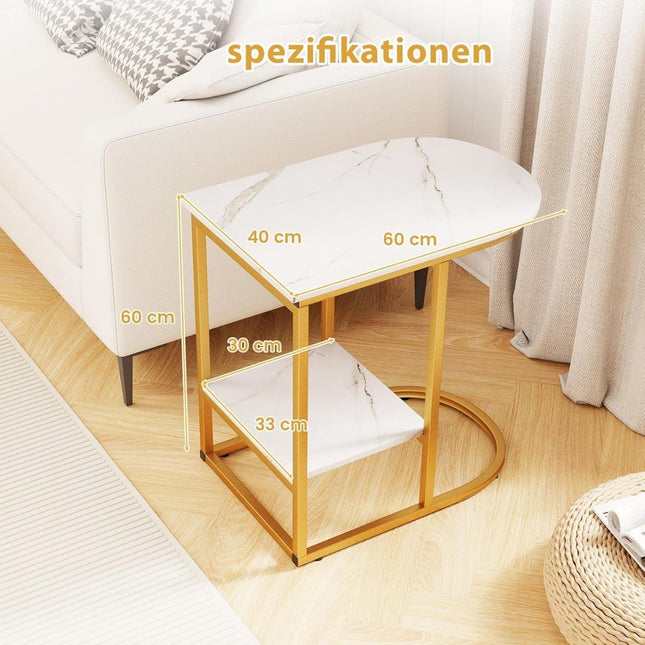 C-förmiger Beistelltisch, Marmor-Optik, 2-stufiger Stauraum