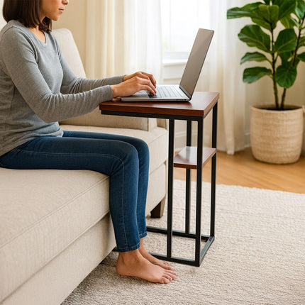 C-Shaped Side Table with 2 Shelves for Sofa & Bed