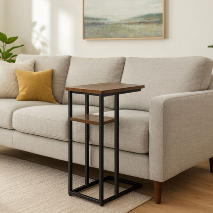 C-Shaped Side Table with 2 Shelves for Sofa & Bed