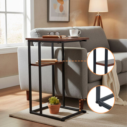 C-Shaped Side Table with 2 Shelves for Sofa & Bed