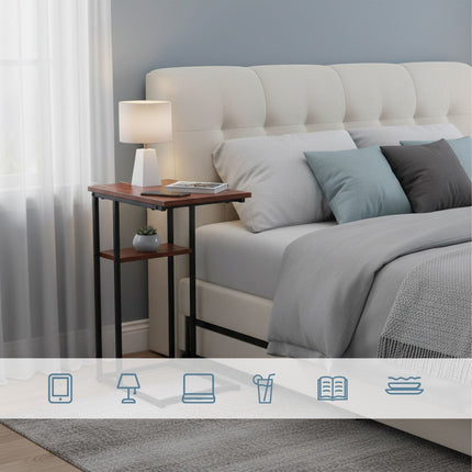 C-Shaped Side Table with 2 Shelves for Sofa & Bed