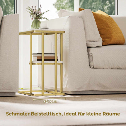C-Shaped Side Table with Storage, Marble Look, Gold Frame