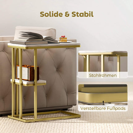 C-Shaped Side Table with Storage, Marble Look, Gold Frame