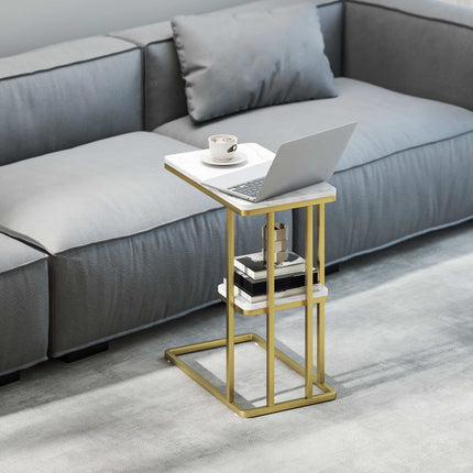 C-Shaped Side Table with Storage, Marble Look, Gold Frame