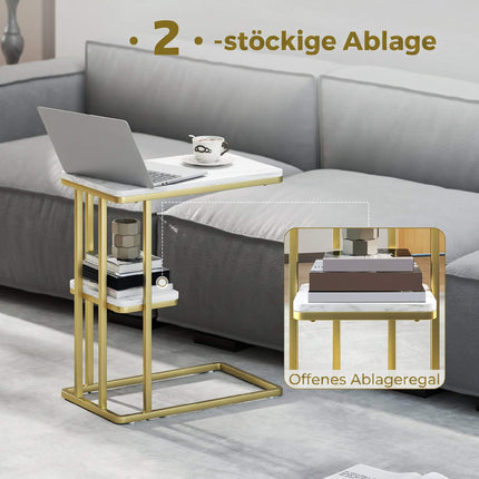 C-Shaped Side Table with Storage, Marble Look, Gold Frame