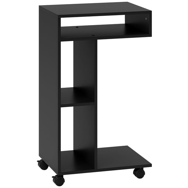 C-förmiger Beistelltisch mit Rollen, 3 Ablagen, 40x30x69 cm, Schwarz