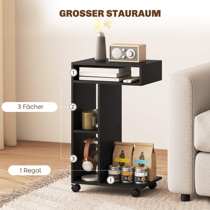 C-förmiger Beistelltisch mit Rollen, 3 Ablagen, 40x30x69 cm, Schwarz