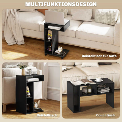C-förmiger Beistelltisch mit Rollen, 3 Ablagen, 40x30x69 cm, Schwarz