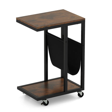 C-Shaped Side Table with Wheels, Metal Frame, Storage
