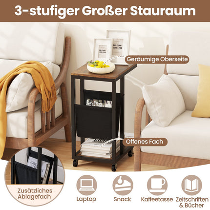 C-Shaped Side Table with Wheels, Metal Frame, Storage