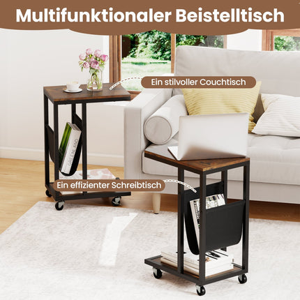C-Shaped Side Table with Wheels, Metal Frame, Storage