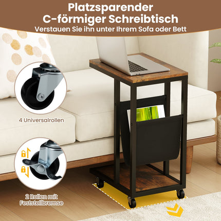 C-Shaped Side Table with Wheels, Metal Frame, Storage