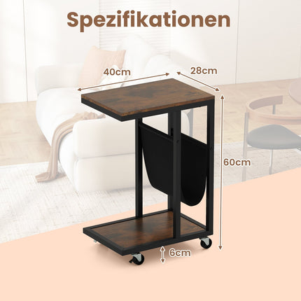 C-Shaped Side Table with Wheels, Metal Frame, Storage
