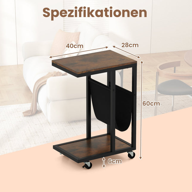 C-förmiger Beistelltisch mit Rollen, Metallgestell, Ablage