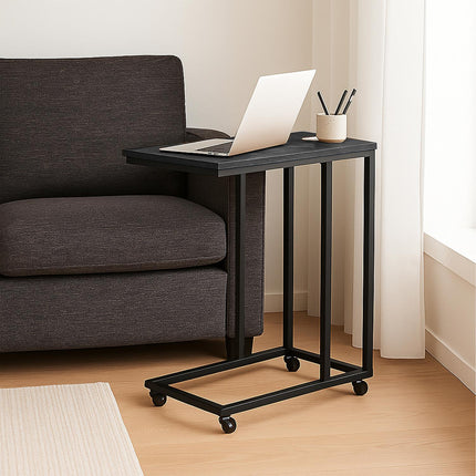 C-Shaped Side Table with Wheels, Metal and MDF
