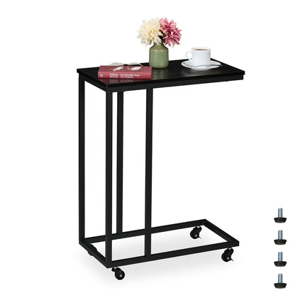 C-Shaped Side Table with Wheels, Metal and MDF