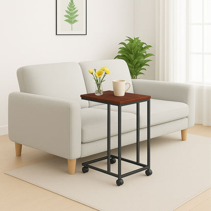 C-Shaped Side Table with Wheels – Wood-Effect, Metal Frame