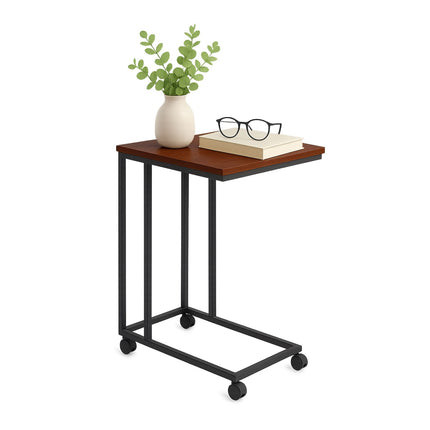 C-Shaped Side Table with Wheels – Wood-Effect, Metal Frame