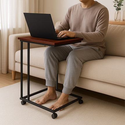 C-Shaped Side Table with Wheels – Wood-Effect, Metal Frame