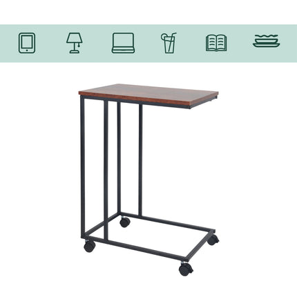 C-Shaped Side Table with Wheels – Wood-Effect, Metal Frame