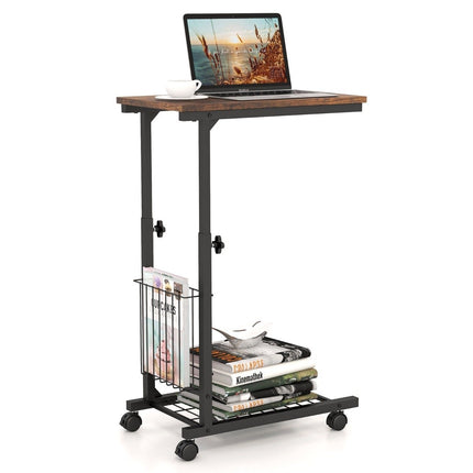 C Shaped Sofa Table Adjustable Side Table with Storage Basket Rustic Brown