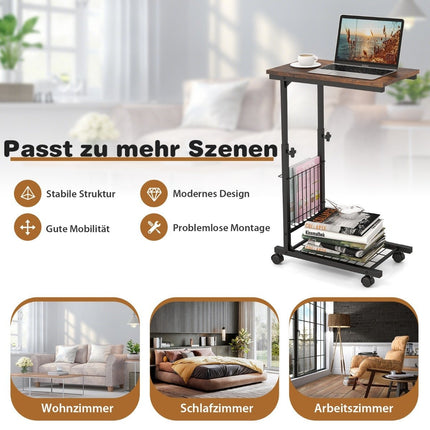 C Shaped Sofa Table Adjustable Side Table with Storage Basket Rustic Brown