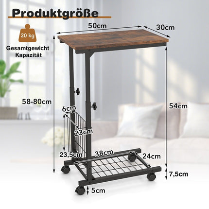 C Shaped Sofa Table Adjustable Side Table with Storage Basket Rustic Brown