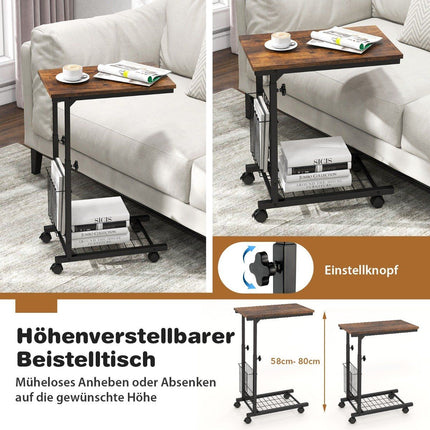 C Shaped Sofa Table Adjustable Side Table with Storage Basket Rustic Brown